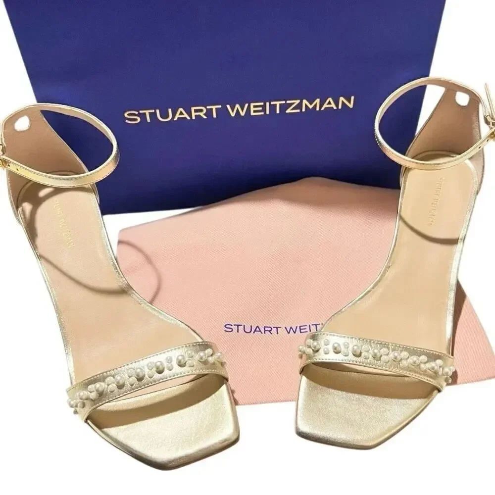 New Stuart Weitzman Pearl Leather Wedge ankle strap square toe sandal 8